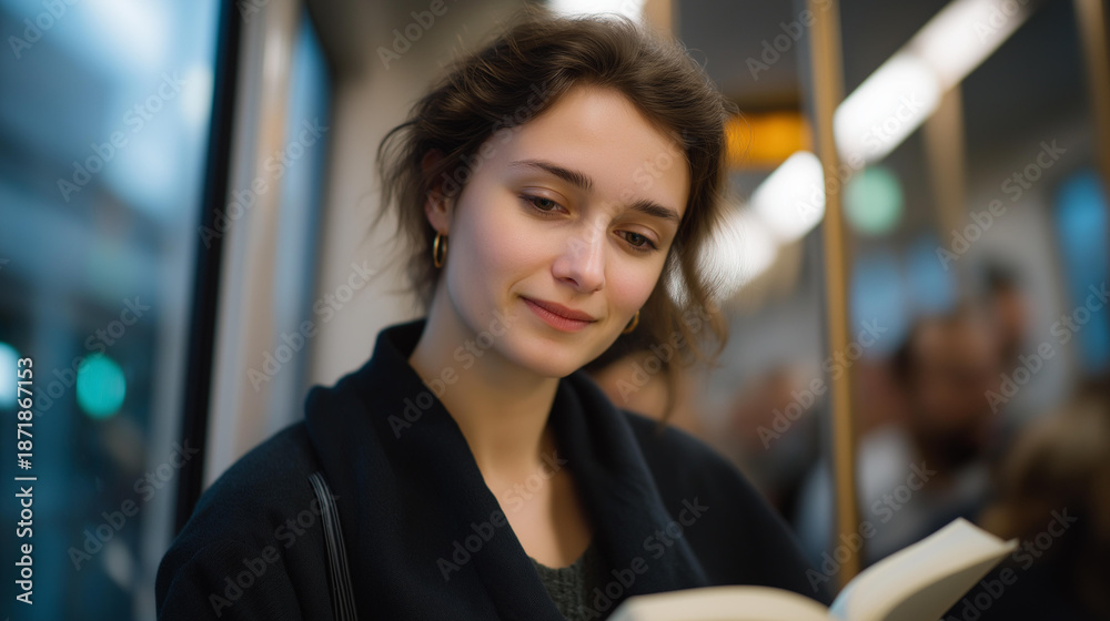custom made wallpaper toronto digitalA serene moment in the subway commute features a young woman reading a book, surrounded by fellow passengers lost in their own worlds, portraying a sense of community amidst the city's hustle.