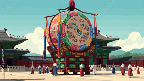 Traditional korean ceremony with large drum in palace courtyard