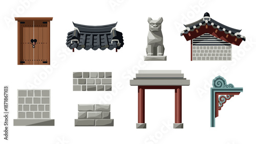Traditional korean architecture elements collection with decorative roofs, doors, and stone structures in a modern flat design