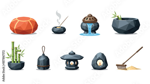 Zen garden elements with geometric meditation tools and natural decor
