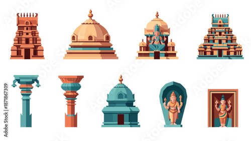 Traditional indian architecture: temples and sculptures in flat design