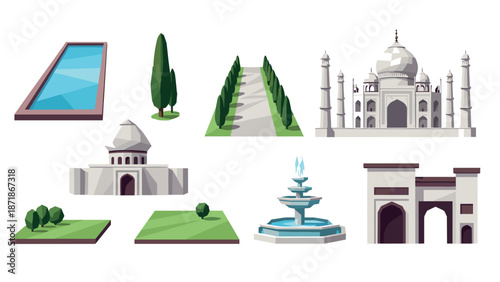 Isometric mughal architecture elements with garden path and fountain