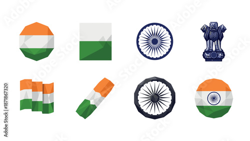Low poly india icons set featuring flag, ashoka wheel, and lion capital