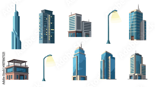 Modern cityscape architecture collection with skyscrapers and urban lamp posts