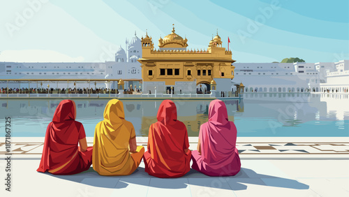 Cultural heritage: vibrant figures admiring golden sikh temple