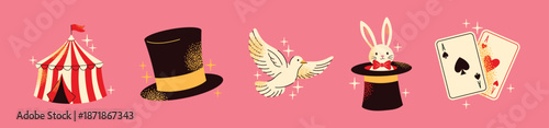 Magic Show and Circus Vector Set with Top Hat, Rabbit, Dove, and Playing Cards on Pink Background. Flat illustration design magic performance and illusion concept