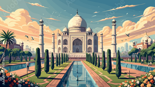 Majestic view of taj mahal with detailed flat design and vibrant colors
