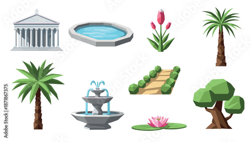 Low poly garden elements: trees, pavilion, fountain, pond, pathway, flowers