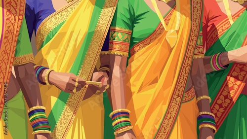 Vibrant traditional sari fashion with colorful patterns and accessories