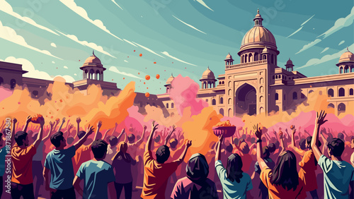 Vibrant festival celebration at grand palace with colorful powder clouds in crowd scene