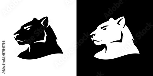 Black and white illustration of a panther's head in profile, against contrasting backgrounds