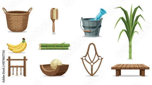 Essential farm and garden tools with tropical plants collection