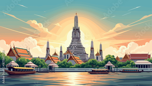 Sunset over wat arun temple in bangkok with boats on the chao phraya river