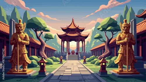 Tranquil asian temple garden with majestic statues and pavilion in sunset light