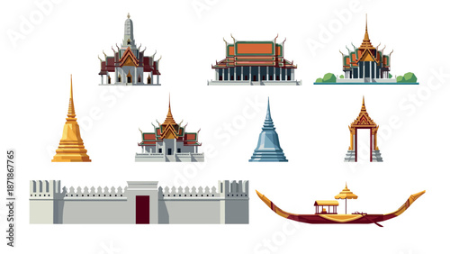 Iconic thailand landmarks collection with traditional architecture and famous sites