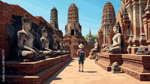 Ancient temple journey: exploring historic buddhist ruins with stone sculptures