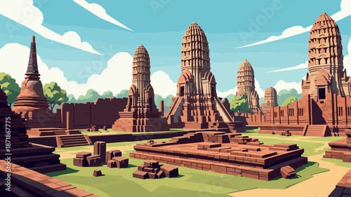 Ancient temple ruins in a bright sunlit landscape with blue sky and lush greenery