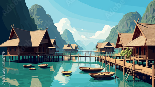 Serene mountains and tranquil lake with rustic wooden houses in tropical paradise