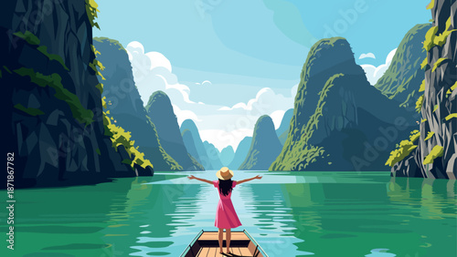 Woman exploring scenic limestone cliffs on a tranquil lake adventure