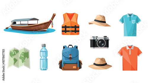 Travel equipment essentials: boat, camera, hat, backpack, water, and more