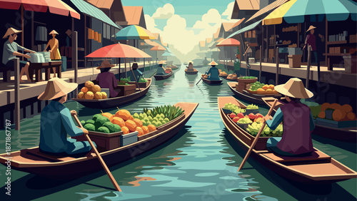 Traditional southeast asian floating market with vibrant boats and fresh produce along a serene river