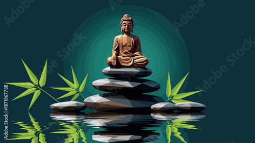 Low poly buddha statue on zen stones surrounded by bamboo leaves and water reflection