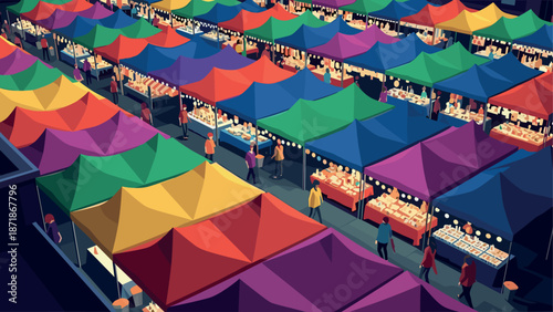 Colorful market scene with vibrant canopies at night