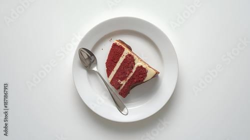 Overhead View of a Delicious Slice of Red Velvet Cake on a White Plate with a Spoon, Ready to Be Enjoyed, Perfect for Dessert