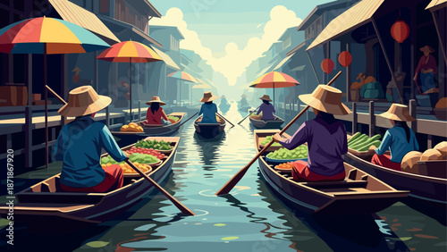 Vibrant floating market scene with boats and produce in southeast asia