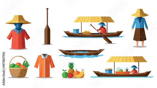 Flat design floating market elements: traditional boats and fresh produce
