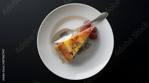 Delectable Slice of Gourmet Tart on a White Plate, Garnished with Raspberries and a Silver Spoon, Against a Dark Background
