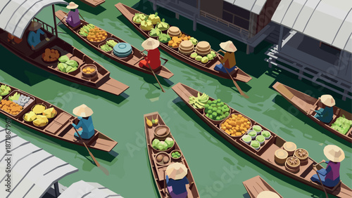 Vibrant floating market with boats and fresh produce in low poly art style