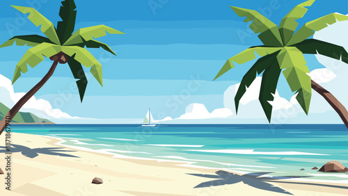 Tropical beach paradise with sailboat and palm trees in polygonal art style