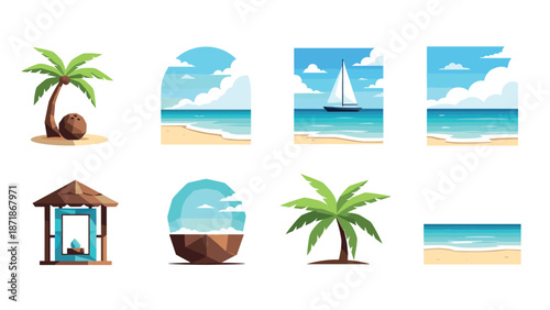 Tropical beach icons: palm trees, sailing boats, scenic seas and coconut shell huts