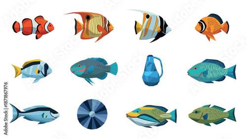 Colorful geometric fish collection with low poly style