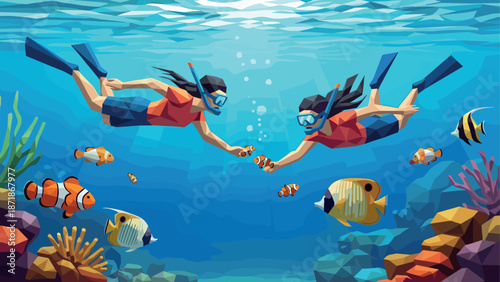 Low poly snorkeling adventure: vibrant coral reef exploration with tropical fish