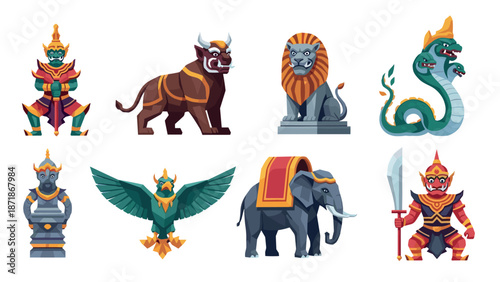 Mythical creatures and statues featuring elephants and serpents in cartoon style