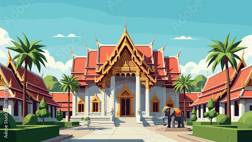 Colorful thai temple with elephant and palm trees in a bright cartoon style