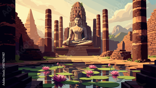 Ancient temple landscape with serene buddha statue and water lilies at sunset