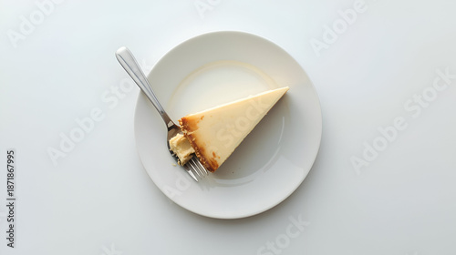 A Delicious, Overhead Shot of a Slice of Cheesecake on a White Plate with a Fork, Perfect for Dessert, Food Blogs, and Culinary Content