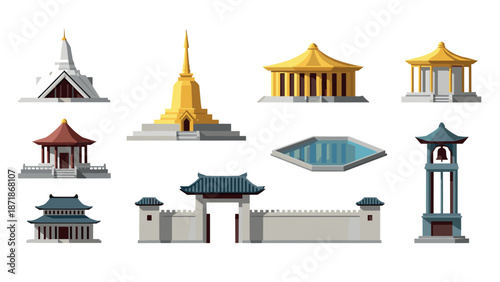 Diverse asian architecture: temples, pagodas, and shrines in flat design