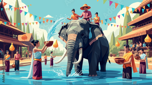 Colorful festival celebration with elephant in traditional thai village setting