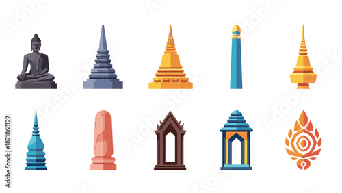 Colorful flat icons of thai temples and sculptures on white background