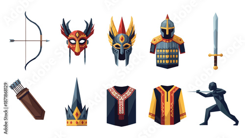 Medieval and tribal themed icons: armor, weapons, and masks in flat design