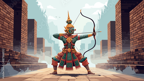 Thai mythology warrior in traditional costume aiming bow in ancient architectural setting
