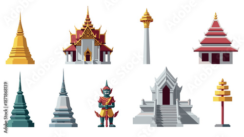 Traditional thai architecture and statues in flat style collection