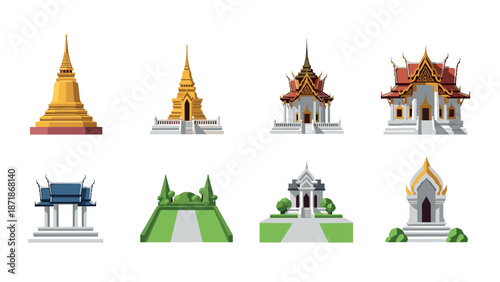 Collection of thai temples and pagodas in flat design style