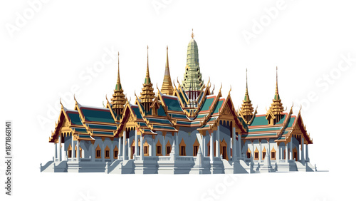 Grand palace temple facade with ornate architecture against white background