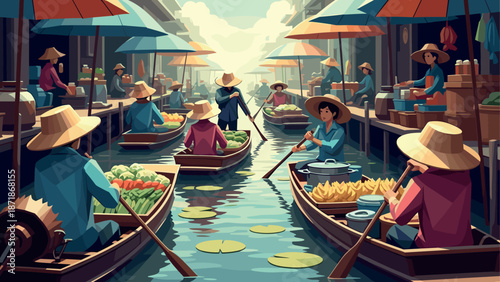 Vibrant floating market scene with boats and vendors in asian style canal setting