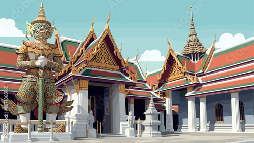 Traditional thai architecture with giant guardian statue